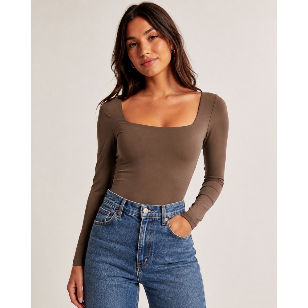 Aritzia Babaton Contour Squareneck Long Sleeve Bodysuit Mocha Brown XS 73936